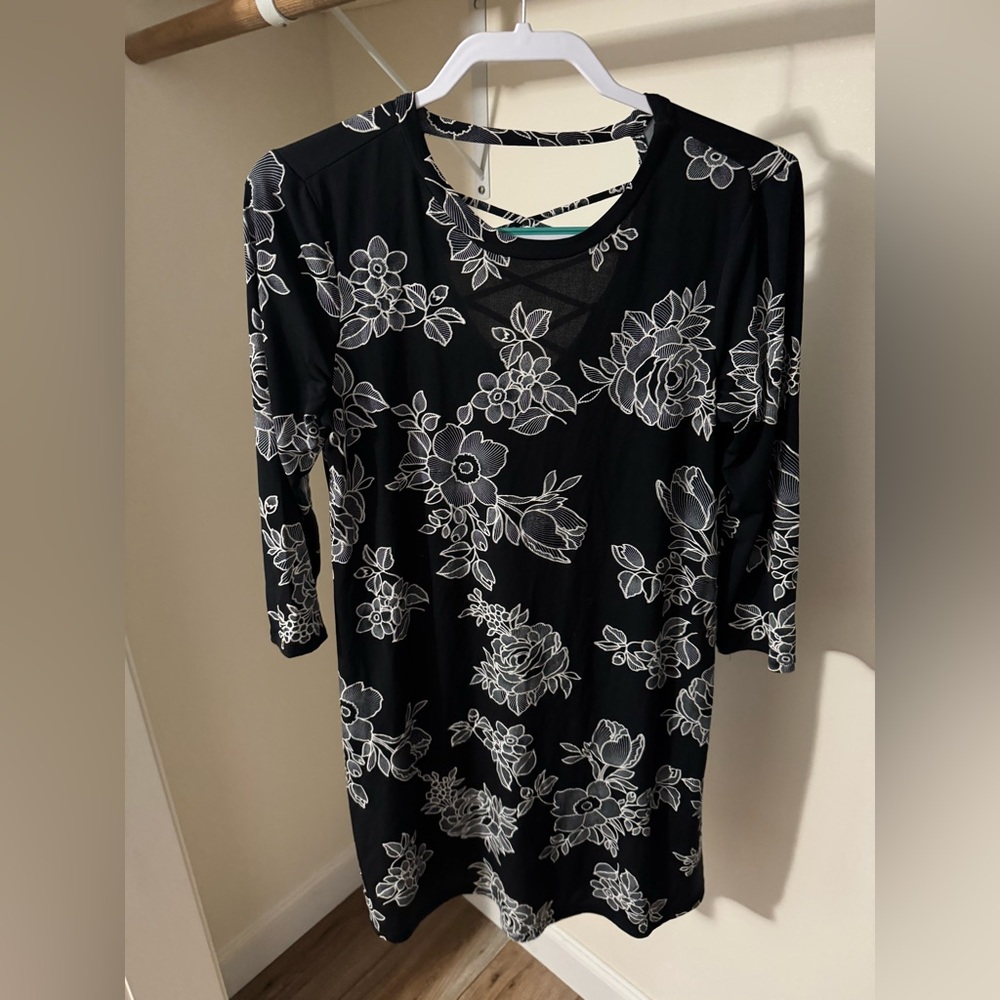 by & by Black Dress with White Floral Design